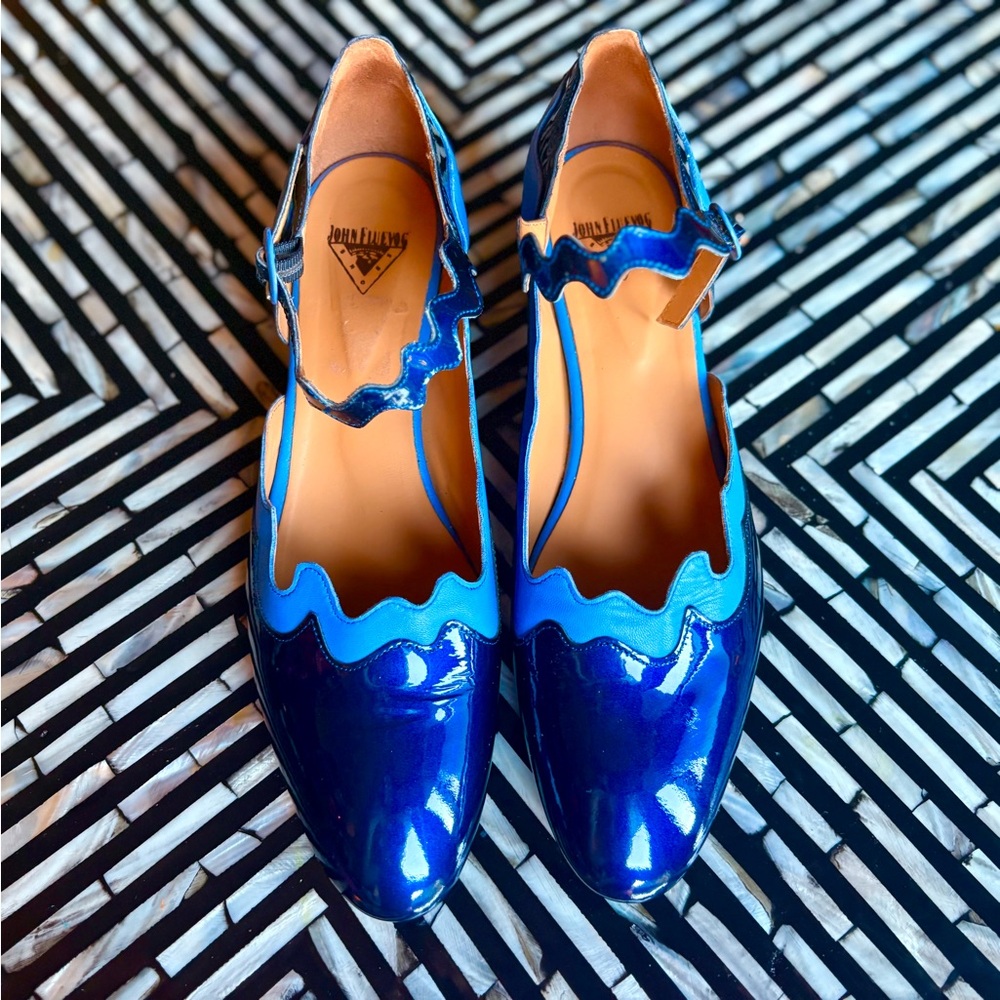 John Fluevog Navy and Sky Blue Scalloped Heels
